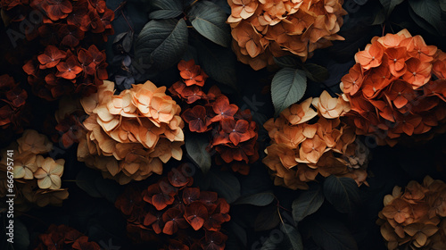 Gorgeous Fall and Autumnal Hydrangeas in Moody Burnt Orange and Cream Color Tones, Leafy Green Foliage, Cozy Thanksgiving Aesthetic with Muted Color Grading - Horizontal