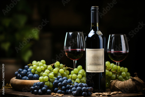 moody winery still life, glass and wine bottle, grape plantation background
