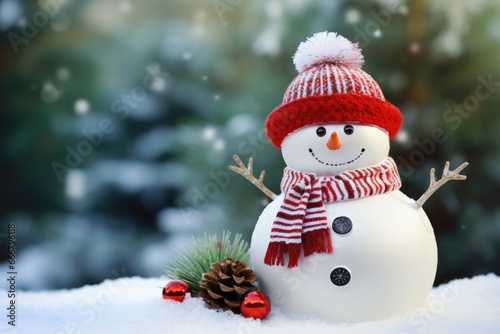 snowman doll against a forest background, Christmas and Happy New Year concept, copy space