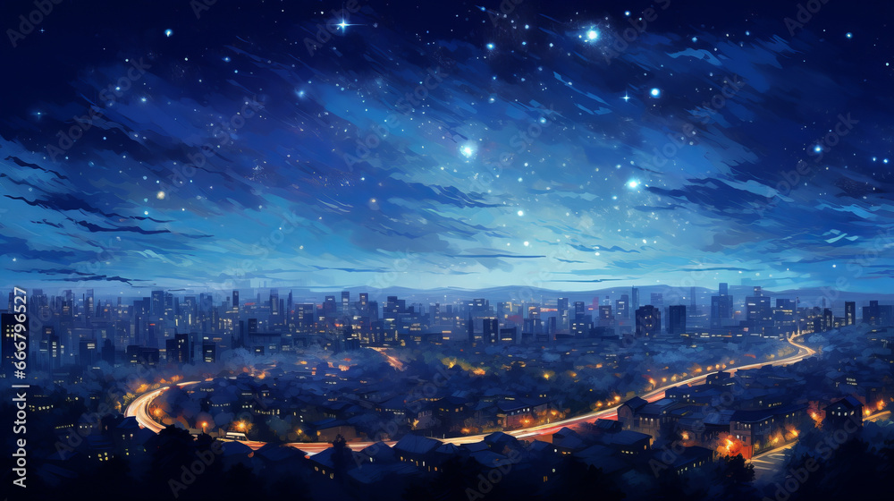 A breathtaking city skyline illuminated by a starry night sky