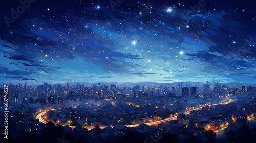 A breathtaking city skyline illuminated by a starry night sky