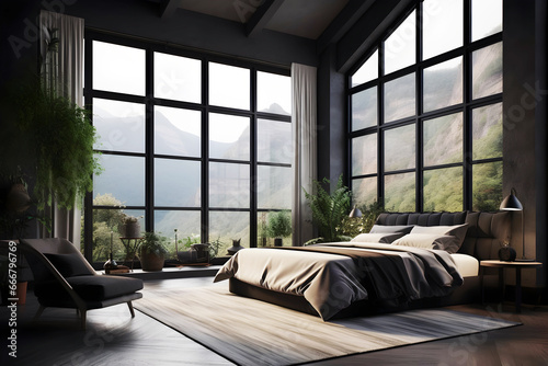 black bedroom interior loft plants French windows with a beautyful view outside, Generative AI photo
