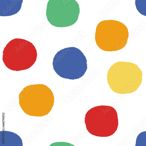 Birthday seamless repeat pattern with big polka dot in primary colors on white with grunge edges. Versatile trendy modern background with tossed dots