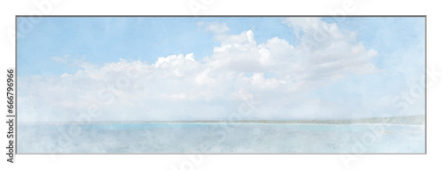 Sea landscape art vector background with blue sky and white clouds. Watercolor illustration for interior, flyers, poster, cover, banner. Modern hand draw painting for design interior.