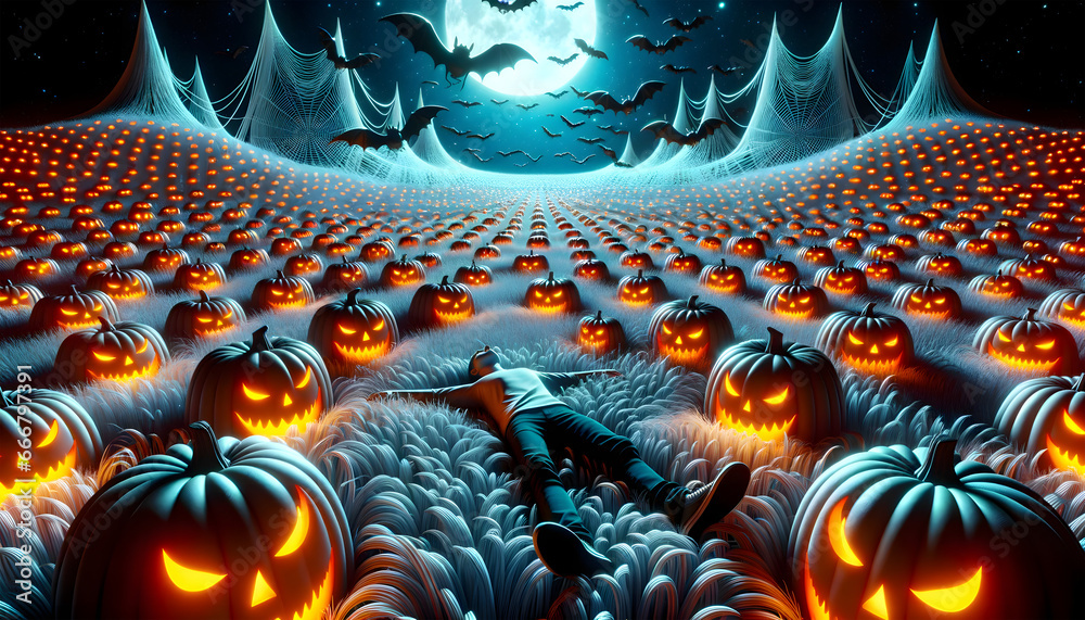 Halloween, dyniowe pole z mężczyzną, noc, księżyc i nietoperze, pająki i ogromne pajęczyny - obrazy, fototapety, plakaty 