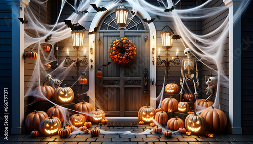 Straszny dom, Halloween, drzwi, cukierek albo psikus, dynia, lampiony, pajęczyny, pająki i nietoperze, wieniec, latarnie