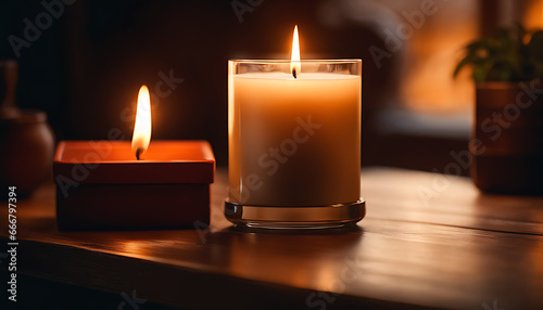 candle on a table.