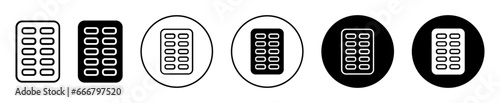 Blister drug pack icon. medicament product packaging blister package to store pill capsule and tablets symbol set. medical drug or antibiotics painkiller pack vector sign. pain killer blister drug log