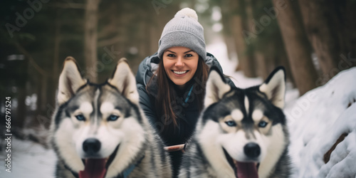 Young woman musher behind sleigh at sled husky dog race on snow in winter forest photo