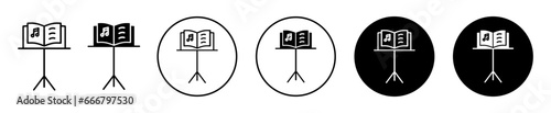 Music stand for scores icon. tripod with music notes and bits score symbol set. clef reading ledger for musician vector sign. music stand with score and note pitch line logo. 