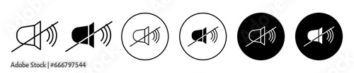 Mute sound line icon. No music sound or noise symbol set. Muted audio or video speaker vector sign. sound or volume off button line logo. Mic sound off or silent voice icon.  photo