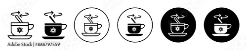 Tea stirring with spoon icon. tea or coffee or hot water liquid stirring instruction symbol set. warm boiled tea cup with spoon rotating arrow vector sign. hot tea pot with sugar mixing and stirring  photo