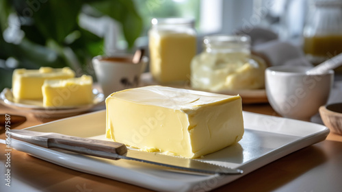 Pieces of butter on a plate on a kitchen table