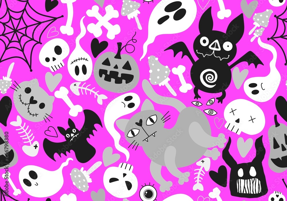 Halloween cat and pumpkins seamless ghost and skulls and poison pattern for wrapping paper and fabrics Halloween cat and pumpkins seamless ghost and skulls and poison pattern for wrapping paper and fabrics