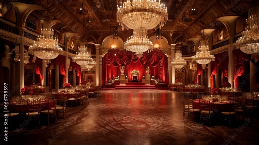 : Regal ballroom with high ceilings, crystal chandeliers, and opulent gold and red decor.