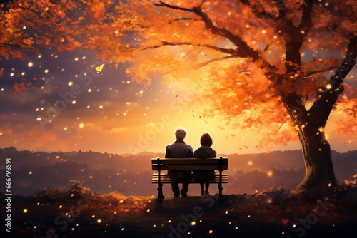 an elderly couple, a man and a woman, are sitting on a bench and enjoying the scenery, beautiful landscape at sunset, rear view