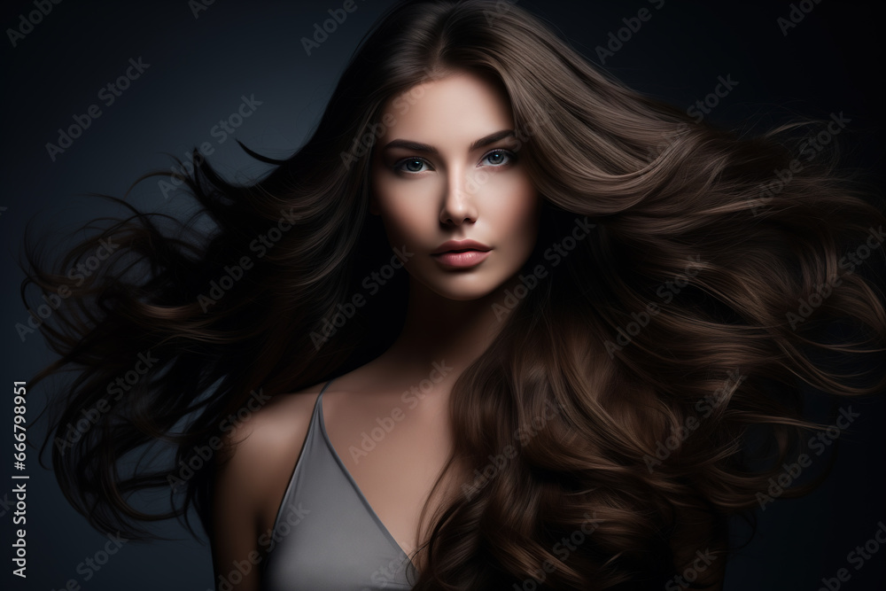 Beautiful woman with flowing brown hair posing on a dark background Beautiful woman with flowing brown hair posing on a dark background