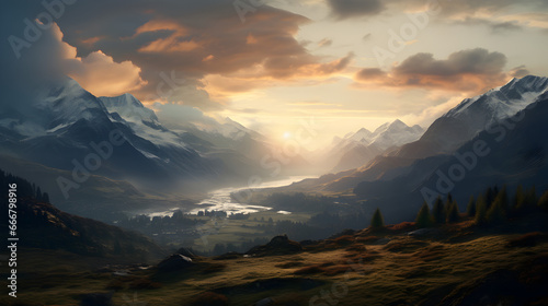 A painting capturing a river winding through a snow-covered mountain valley as the sun sets. © Pillow Productions