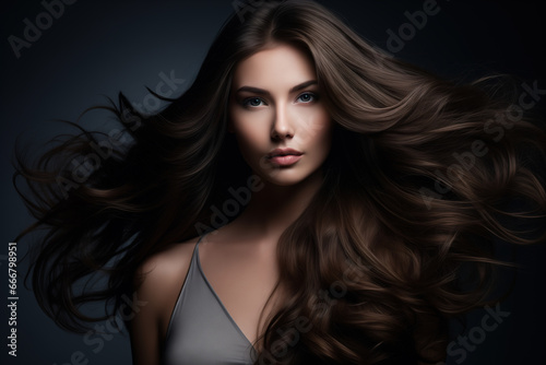 Beautiful woman with flowing brown hair posing on a dark background