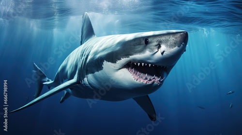 View of a ferocious shark underwater on the ocean floor