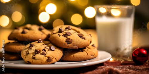 Cookies and glass of milk for Santa Claus near the Christmas tree