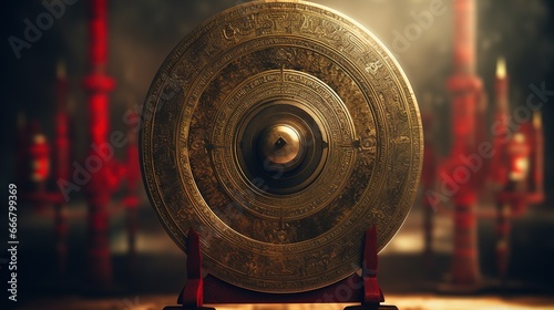 Golden Tibetan gong resting on a stand. Asian sound therapy for alternative healing and meditation. Symbol of Buddhism. Instrument for temple, sanctuary, yoga studio photo