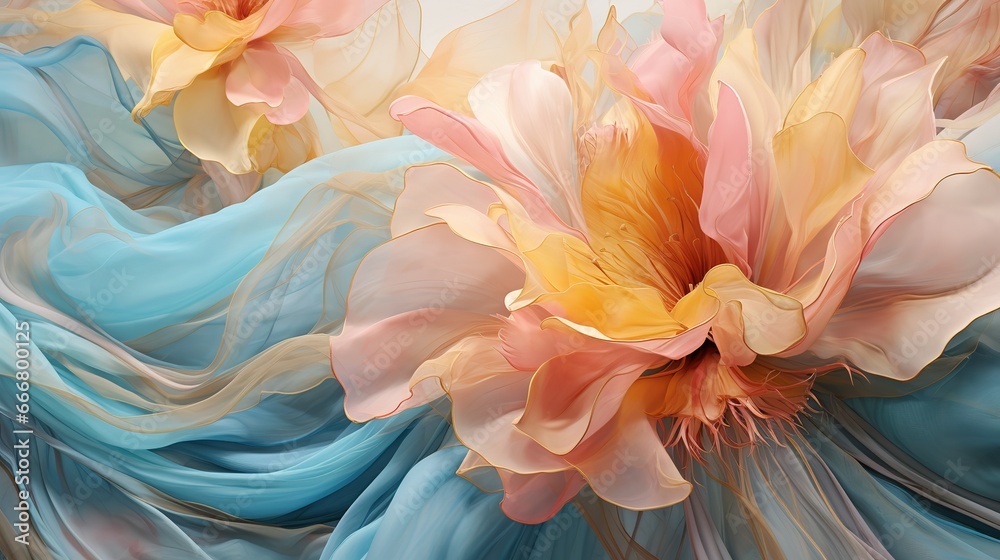 bouquet of flowers, multi-colored, beautiful, delicate, voile, silk background, factory fabric.