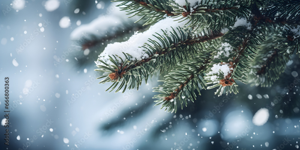 Close up background of fir or pine tree branches with snow. Christmas or winter banner with copy space.