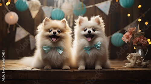 Two cute dogs at a celebration with a garland background