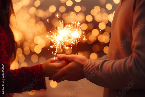 Hands of young couple holding flaming fireworks on festive gold glowing bokeh background. Celebration background with sparklers. photo