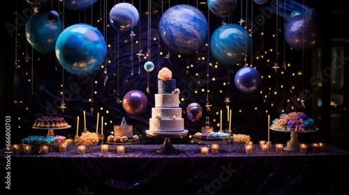 : Whimsical celestial birthday with starry projections, cosmic hues, and elegant galaxy-themed decor. © Ammar