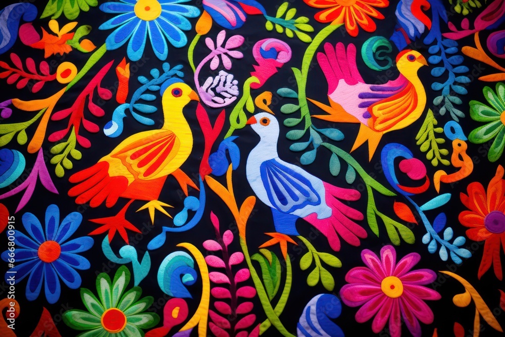 Otomi Embroidery Mexican Textile Pattern eith Unique Floral and Animal Motifs.