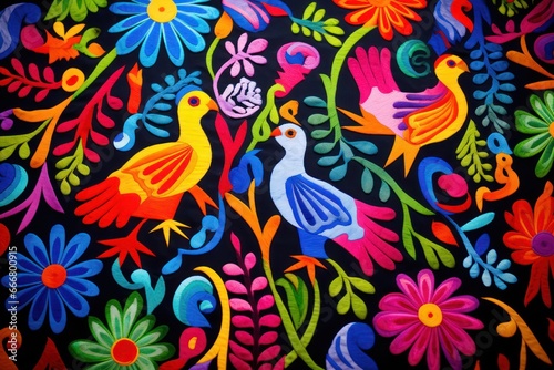 Otomi Embroidery Mexican Textile Pattern eith Unique Floral and Animal Motifs.