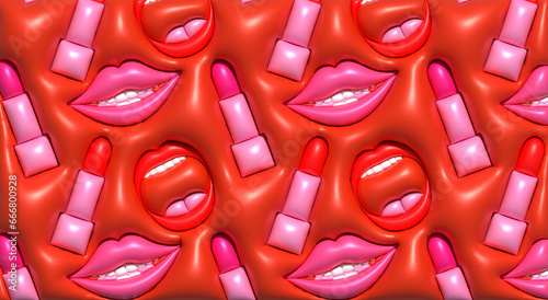Pink lipstick and red lips on a red background, repeating pattern. 3D rendering illustration