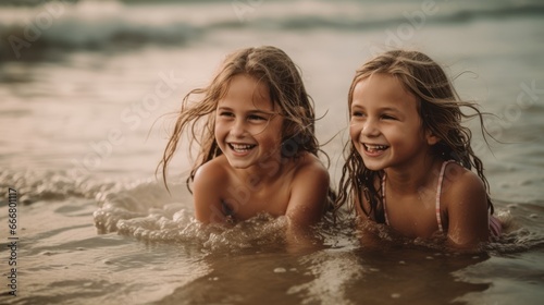 Happy little girls enjoying together at beach. Adorable little girls having fun together at the beach during summer vacation. Two happy young kids smiling at the camera while covered in beach sand. © IC Production