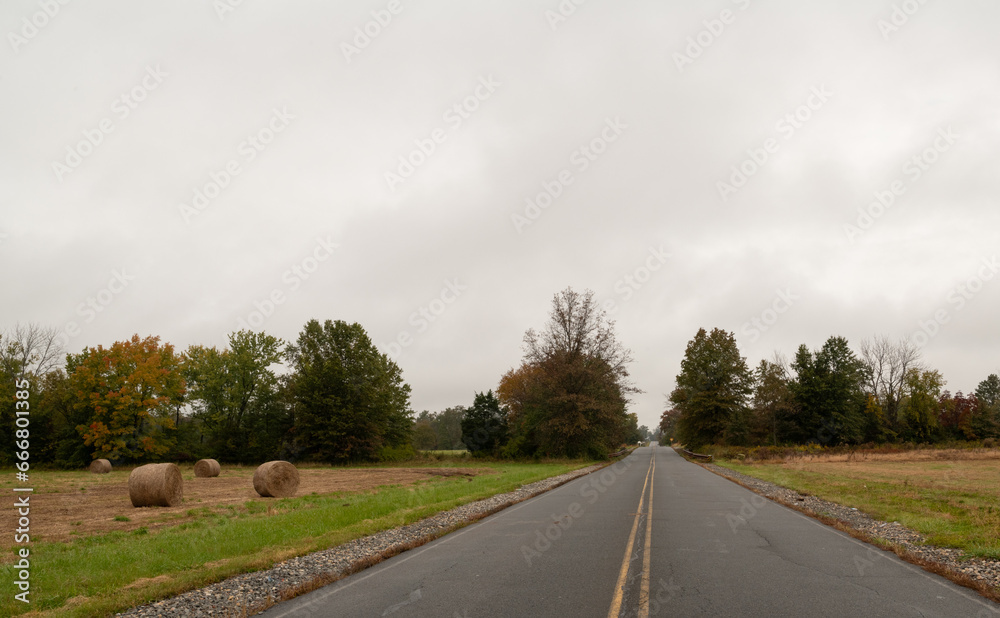 Road passing through farm filed on moody autumn morning in rural New Jersey Road passing through farm filed on moody autumn morning in rural New Jersey