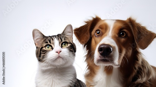 Happy pets. Adorable puppy dog and cat, portrait of man's faithful friends.