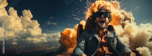 Amazed man in chair wearing VR glasses with the virtual exciting scene around. Copy space on left side