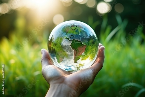 Earth glass ball in human hand on grass background