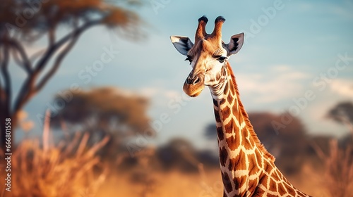 African giraffe on blurred nature background. AI generated image
