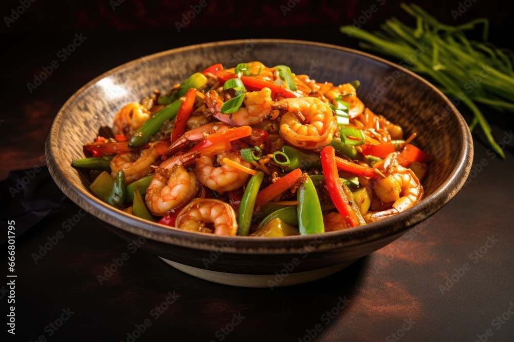 Shrimp and Vegetable Stir-Fry with Savory Sauce on a Wooden Table - A Gourmet Asian Cuisine Creation Featuring Scrumptious Seafood and Fresh Ingredients