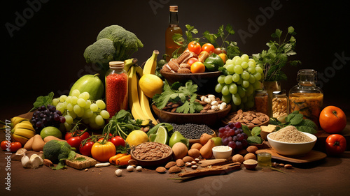 Composition with variety of organic products on dark background. Balanced diet generativa IA