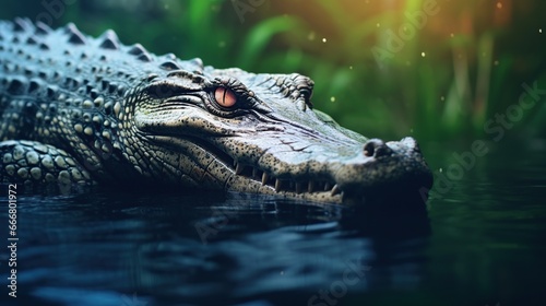 Wild crocodile on blur nature background. AI generated image