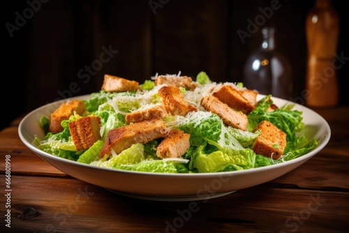 Salmon Caesar Salad: A Culinary Masterpiece Featuring Fresh Greens, Croutons, and Anchovies, Dressed in Creamy Homemade Caesar Dressing.