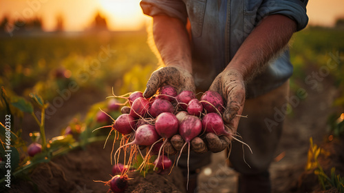 A vibrant individual revels in the bounty of nature, proudly holding a bouquet of fresh radishes amidst a colorful outdoor landscape, showcasing the beauty of both plant and person photo
