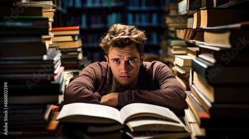 A tired and disappointed guy is studying intensively behind a stack of notebooks and books.