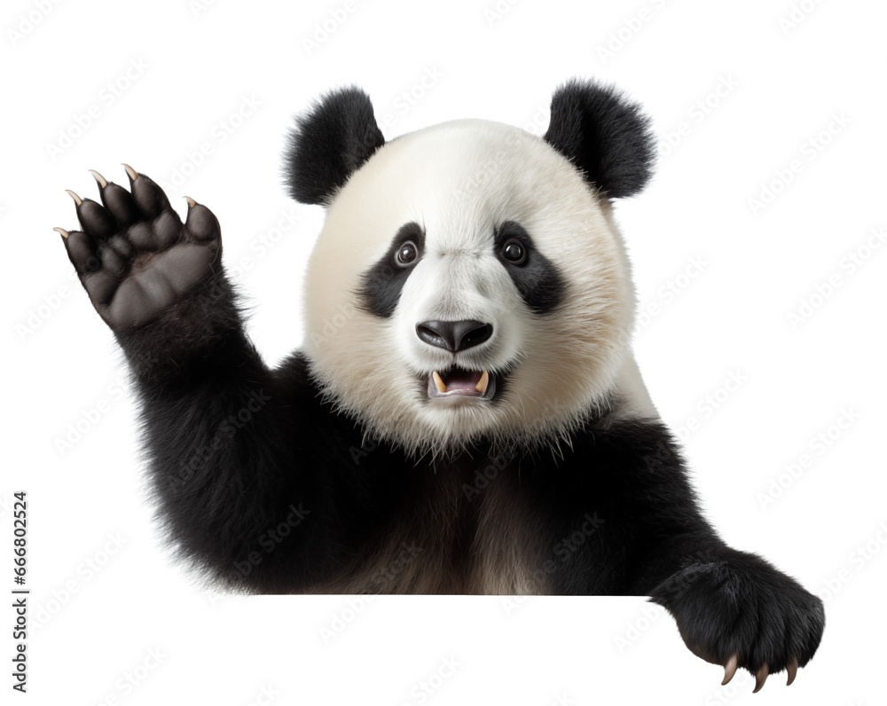 A majestic mammal, the panda, stands tall with its paw raised, its soft fur and curious snout embodying the wild beauty of nature A majestic mammal, the panda, stands tall with its paw raised, its soft fur and curious snout embodying the wild beauty of nature