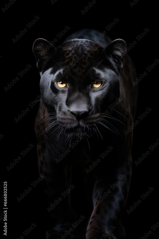 A sleek, powerful black panther with piercing yellow eyes prowls through the darkness, its fierce feline form blending seamlessly into the wild jungle landscape - obrazy, fototapety, plakaty 