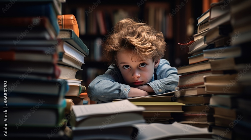 A tired and disappointed boy is studying intensively behind a stack of notebooks and books. A tired and disappointed boy is studying intensively behind a stack of notebooks and books.