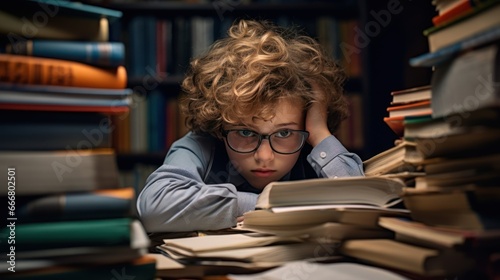 A tired and disappointed boy is studying intensively behind a stack of notebooks and books.